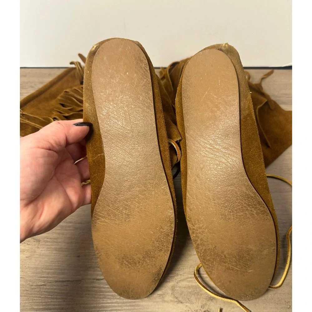 Vintage Suede Leather Fringe Lace Up Tall Moccasin Boots Women's Size 9 Brown‎